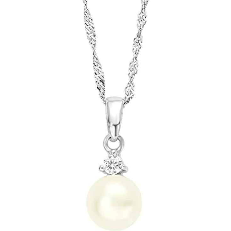 Amor Kette mit Anhänger 925 Sterling Silber, Damen Halsschmuck mit Zirkonia synth. und Süßwasserzuchtperle, 42 cm, in Geschenkschachtel