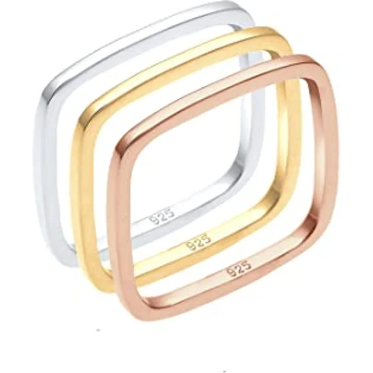 Elli Ring Damen Set Viereck Statement Tri-Color, 925 Sterling Silber, handgefertigtes Schmuckstück