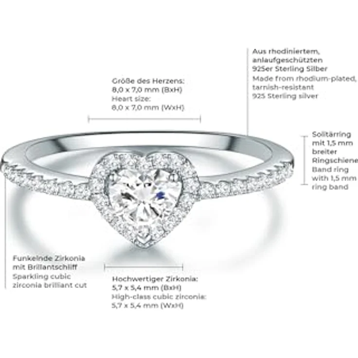 Trilani Damen Herz-Ring Verlobungsring 925/- Sterling Silber, Zirkonia weiß im Brilliantschliff, romantischer Solitärring mit Schmuckverpackung – Bild 2