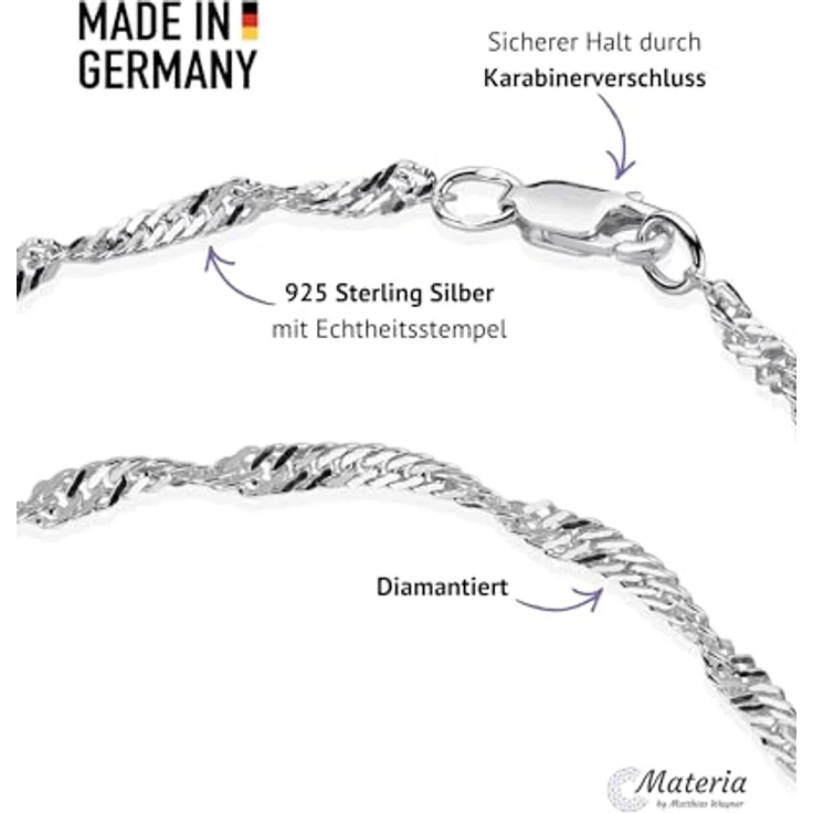 Materia Damen Armband Kette 925 Silber, 3mm Singapur-Design mit Karabinerverschluss, 22cm Länge – Bild 3