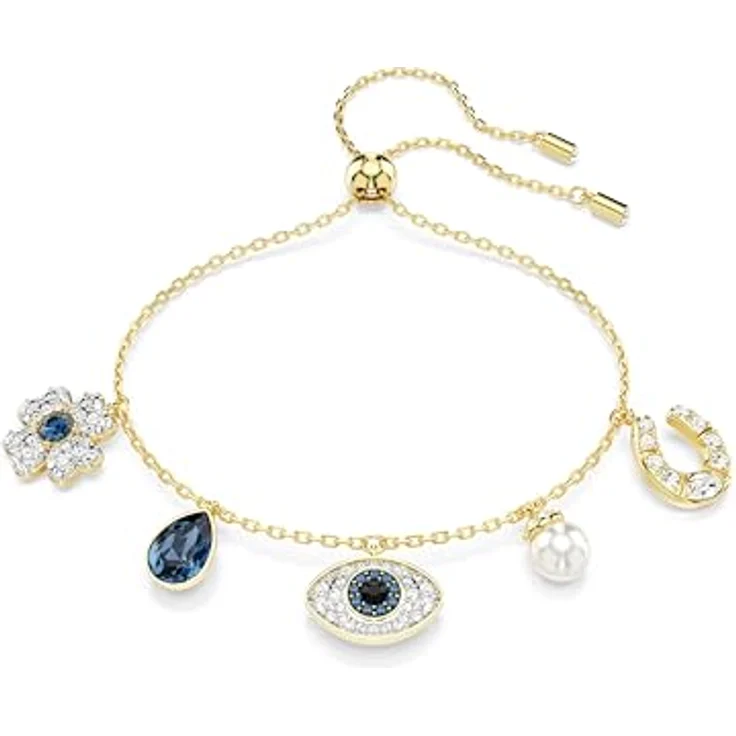 Swarovski Symbolica Armband, Blaues, Vergoldetes Bettelarmband mit Kristallperle, Glücksklee, „Evil Eye“ und Hufeisen – Bild 1