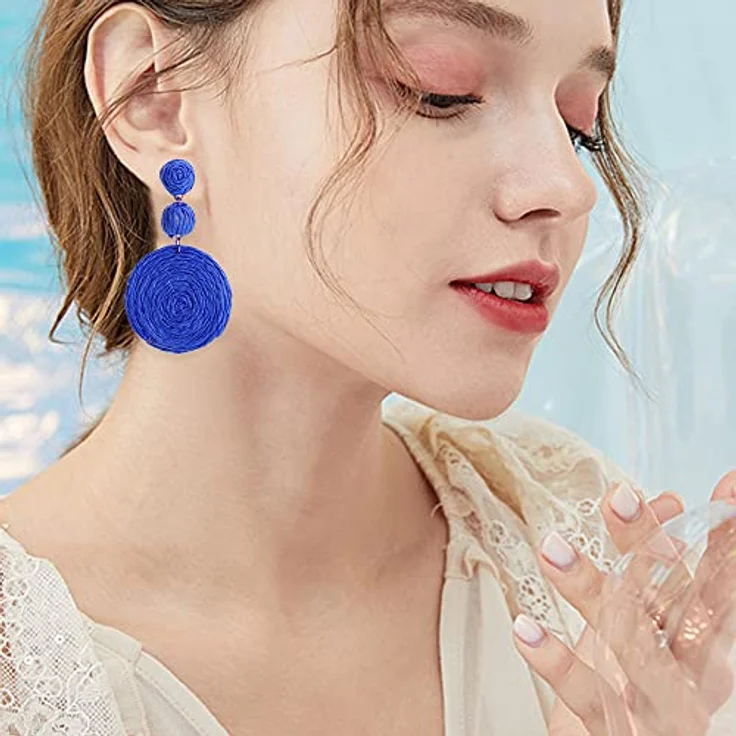 FDEETY Handgemachte Raffia Boho Ohrringe, Geometrische Creolen für Damen, Blau, 100% natürliche Rattanfaser, ultraleicht und bequem – Bild 5