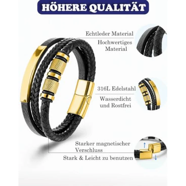 Fantocemea Herren-Lederarmband 23CM, geflochten mit Edelstahl-Magnetschließe, hochwertigem Vollnarbenleder und wasserfesten Beschlägen, perfektes Geschenkset in dunkelblau – Bild 4