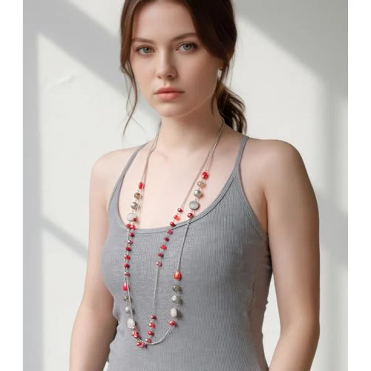 FULU AUTUMN Damen Statement Kette, Lange Perlenkette mit Kristall und Achatmuscheln, Silber, 35 cm + 2,7 cm Verlängerung, ideales Geschenk für Frauen (Rot) – Bild 4