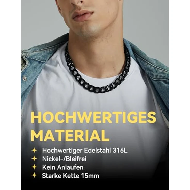 ChainsHouse Kubanische Halskette Schwarz, 15mm Gliederkette aus Edelstahl, 61cm lang, Hip Hop Halsschmuck für Herren – Bild 3