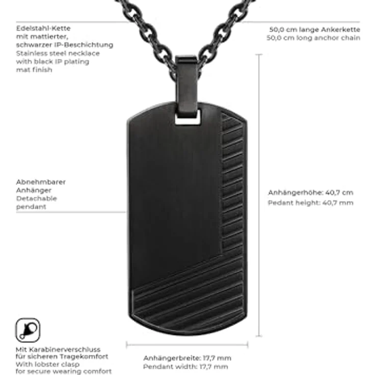True Rebels Herren-Ankerkette Dogtag, Edelstahl schwarz 50 cm, robustes Männerschmuck-Accessoire mit abnehmbarem Anhänger – Bild 2