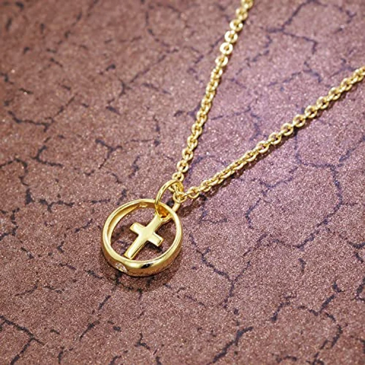 trendor Taufring Anhänger mit Kreuz Gold 333, glitzernder Zirkonia + vergoldete Silberkette 1,5 mm, 40 cm – Bild 3