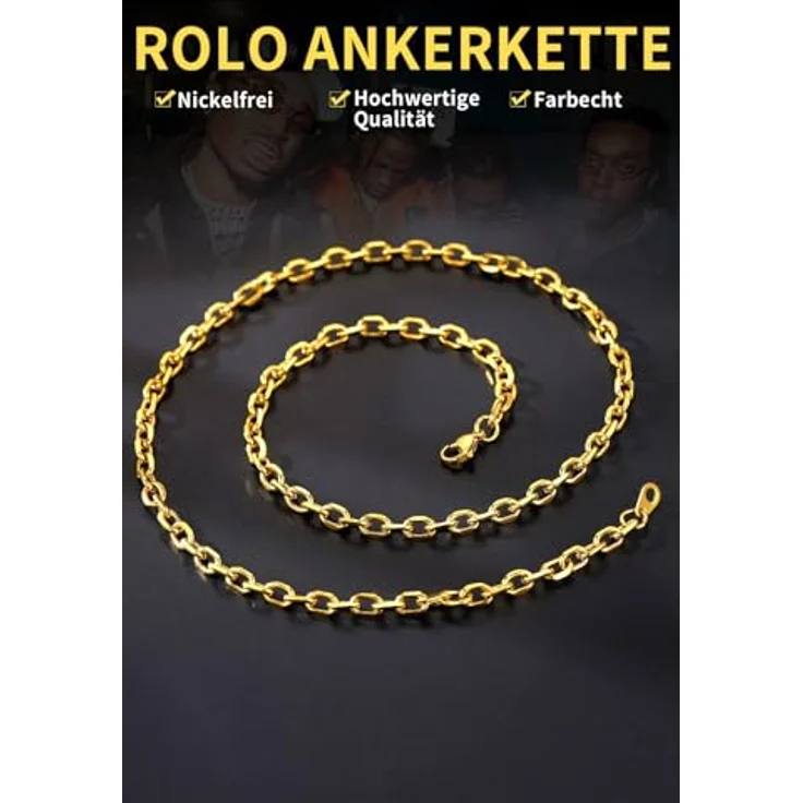 ChainsHouse Vergoldete Rolo Kette für Herren, 76cm lange Edelstahl Ankerkette, 5mm goldene Gliederkette ohne Anhänger, Punk Halsschmuck – Bild 3