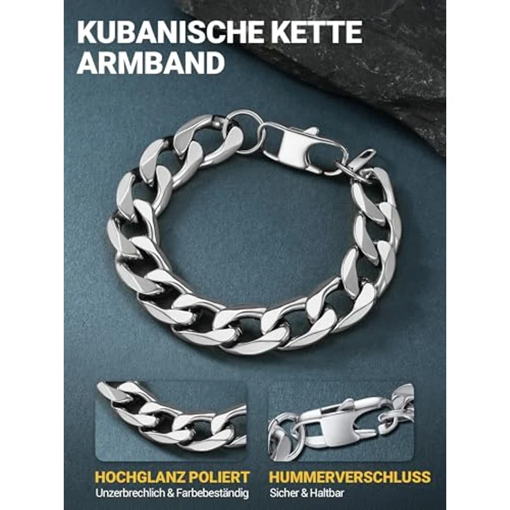 PROSTEEL Panzerarmband Herren Edelstahl, 21cm lang, 13mm breit, Silber, wasserfest und robust, klassisches Design – Bild 3