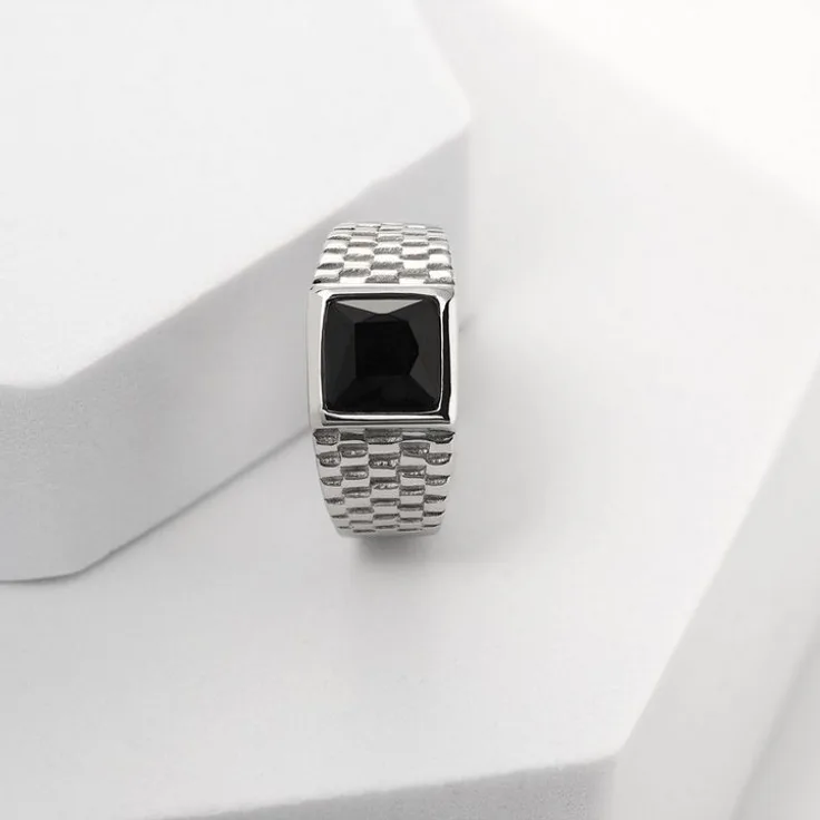 FAVS Herrenring aus Edelstahl mit Onyx, polierte Oberfläche, Siegelring-Look