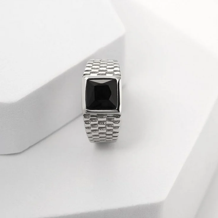 FAVS Herrenring aus Edelstahl mit Onyx, polierte Oberfläche, Siegelring-Look