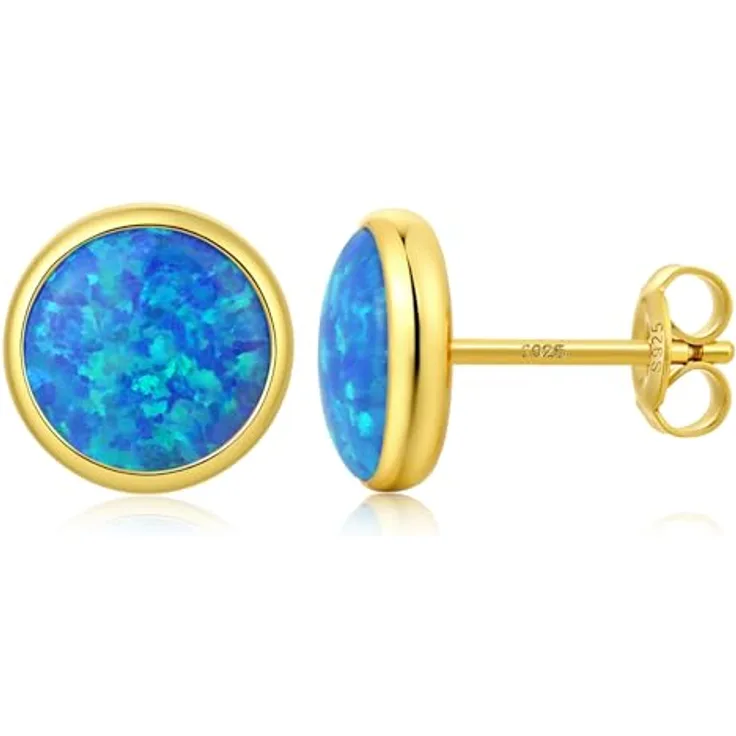Jiahanzb Opal Ohrringe 925 Sterling Silber Runde Ohrstecker, blaue hypoallergene Stecker, 8 mm vergoldet