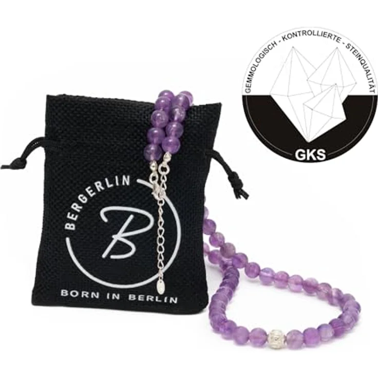 BERGERLIN Amethyst Halskette echt, Perlenkette mit 925 Sterling Silberperle, Größe M-L, handmade und unisex, inkl. Aufbewahrungssäckchen – Bild 2