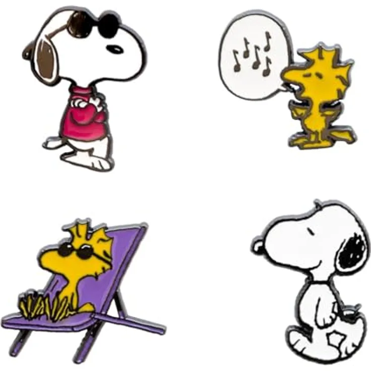 Grupo Erik Set Pins Soopy, 4 Anstecknadeln mit verschiedenen Peanuts Designs, emailliert und korrosionsbeständig