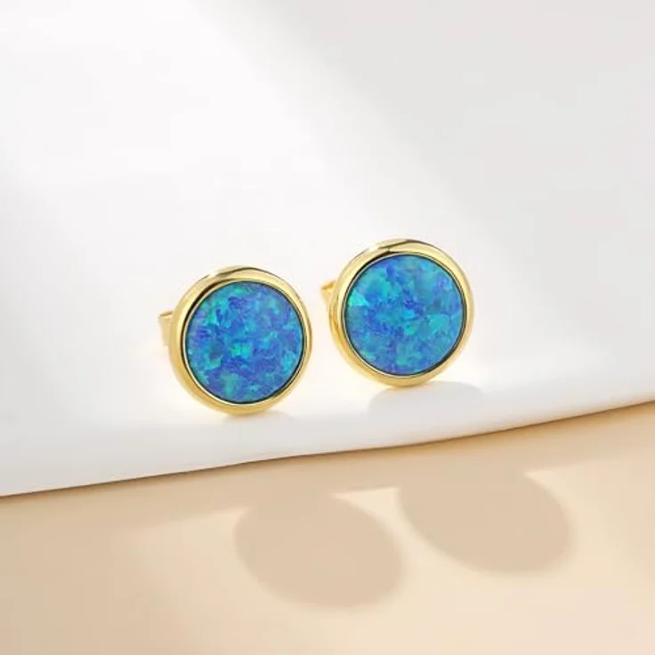 Jiahanzb Opal Ohrringe 925 Sterling Silber Runde Ohrstecker, blaue hypoallergene Stecker, 8 mm vergoldet – Bild 2