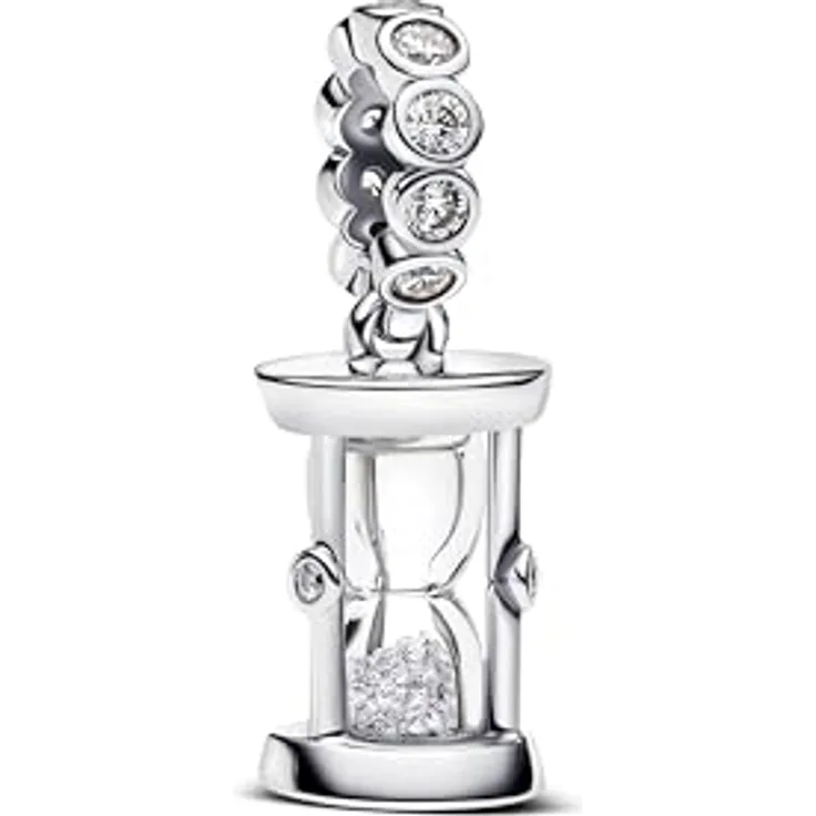 PANDORA Moments Sanduhr Charm-Anhänger aus Sterling-Silber mit Zirkonia und Gravur „TIME IS PRECIOUS“, kompatibel mit ME und Moments, 794140C01