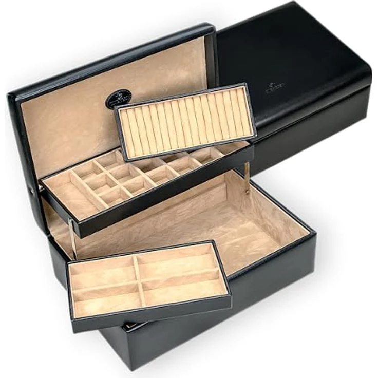 Windrose Charmbox Merino Moda, Schmuckkästchen mit 2 herausnehmbaren Einsätzen, schwarz-legacy, handgefertigt in Lederoptik – Bild 1
