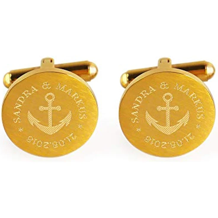 Gravado Runde Manschettenknöpfe 18K Gold-Edelstahl mit Anker Gravur, personalisiert mit Namen und Datum, Anzug Accessoires für Herren – Bild 2