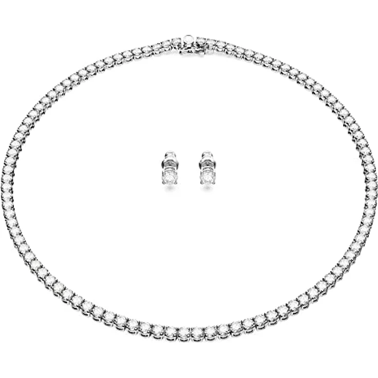 Swarovski Matrix Tennis Set, Rhodinierte Halskette und Ohrringe mit Strahlenden Weißen Swarovski Kristallen – Bild 1