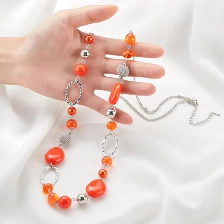 Bulinlin Lange Silber Perlenkette für Damen, Boho Statement Chain, 35+3 Zoll, Orange, Modeschmuck Geschenkidee – Bild 5