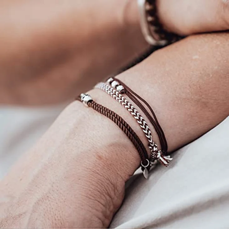Nato Cuff Geflochtenes Baumwollarmband, Handgefertigt in Frankreich, Edelstahlmedaille 316L, Verstellbares Juwel für Herren und Damen, Braun-Weiss – Bild 5