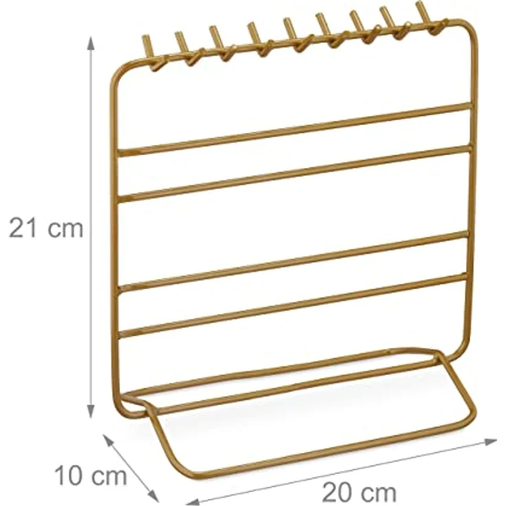 Relaxdays Schmuckständer Gold, Organizer für Ketten, Ohrringe und Armbänder, HBT 21x20x10 cm mit 18 Haken und 4 Querstangen – Bild 4