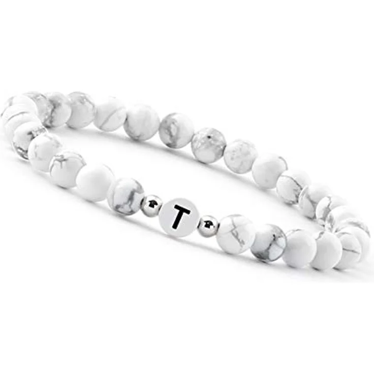GD GOOD.designs Pärchen Armband mit Buchstaben T | Natursteinarmband aus Howlith Perlen, wasserbeständig, 16-20 cm – Bild 1