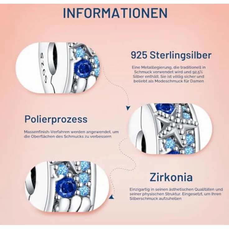 Amuefer Ocean Starfish Scallop Clip Charms, 925 Sterling Silber Beads für Armbänder und Halsketten mit Zirkonia, Geschenk für Frauen – Bild 3