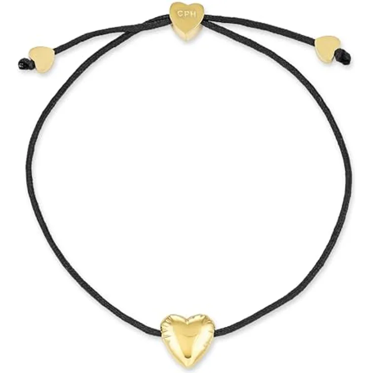 COPENHAGEN STUDIOS Bracelet Balloon Hearts, Damenarmband schwarz-gold mit Nylonband & Herzanhänger aus 14K vergoldetem Edelstahl, stufenlos verstellbar bis 24 cm