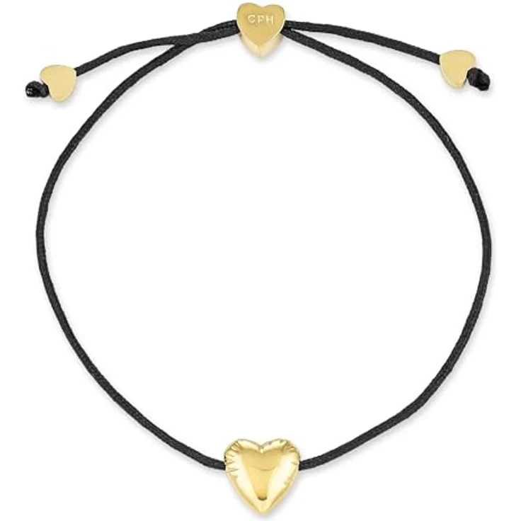 COPENHAGEN STUDIOS Bracelet Balloon Hearts, Damenarmband schwarz-gold mit Nylonband & Herzanhänger aus 14K vergoldetem Edelstahl, stufenlos verstellbar bis 24 cm – Bild 1