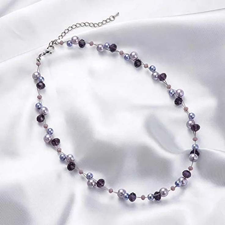 Bulinlin Damen Kristall Perlenkette Silber, Boho Statement Choker Halskette, lila, 17 Zoll plus 3 Zoll Verlängerung – Bild 3