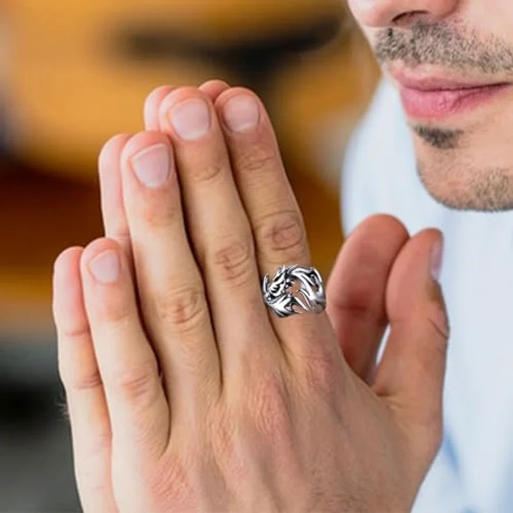 KONFEN Drachen Herren Ring, Wikinger Hypoallergen, Verstellbarer, Vintage Hip Pop Offener Ring, Silber, Einzigartige Textur für Herrenschmuck – Bild 3