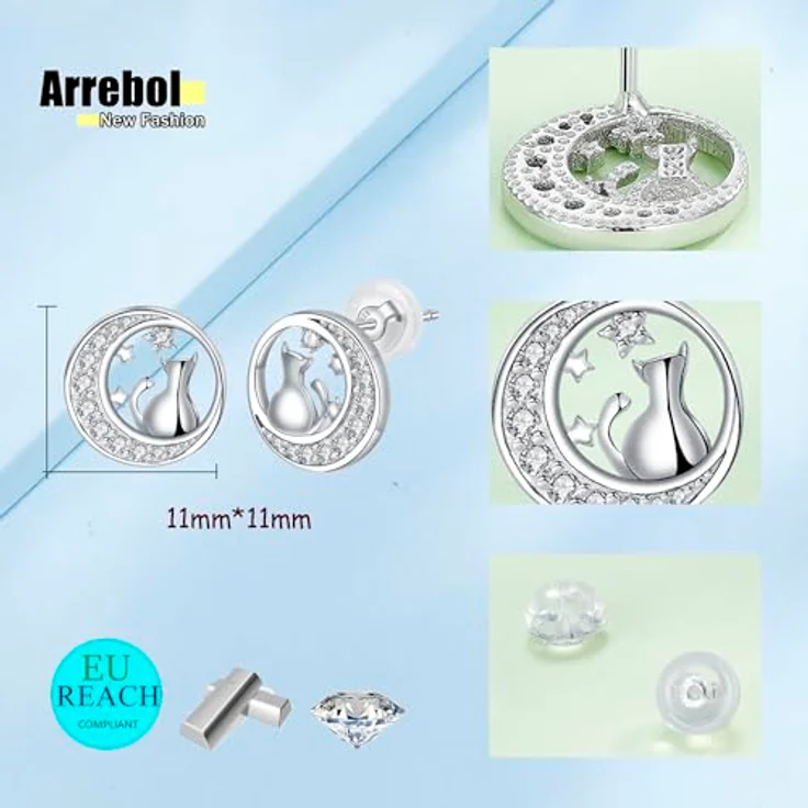 Arrebol Katzen Ohrstecker, 925 Sterling Silber mit 3A Zirkonia, Design mit Katze auf Mond, Geschenkbox, für Damen – Bild 5