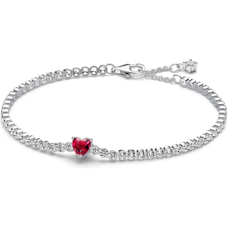 Pandora Tennisarmband aus 925 Sterlingsilber, mit rotem Kristall-Herz und Zirkonias, erweiterbar, 2,5 mm stark