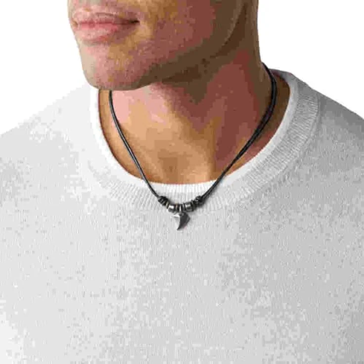 Fossil Herren Collier aus Edelstahl und Leder, 42 cm + 5 cm Verlängerung, Anhänger in Haifischzahn-Design, schwarz – Bild 2