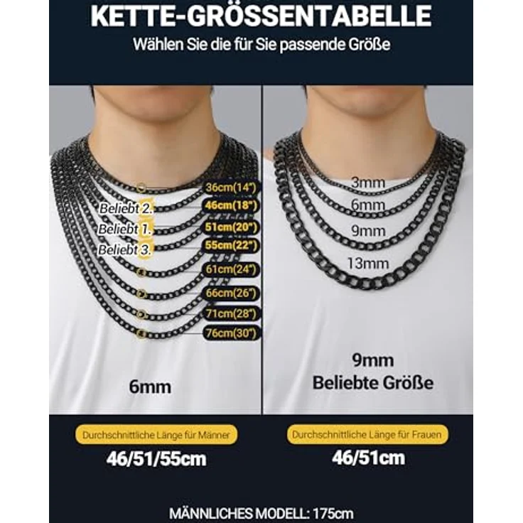 PROSTEEL Kubanische Edelstahlkette Herren, 55CM lang, 9MM breit, schwarz, robust und wasserdicht, Karabinerverschluss – Bild 2