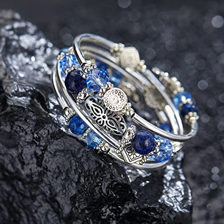 FULU AUTUMN Damen Boho Wickelarmband, mehrlagiges Silber Armband mit facettierten Glasperlen, geschenkfertig in Geschenkbox (Sapphire) – Bild 2