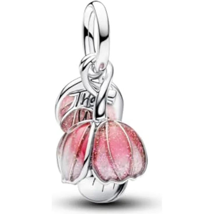 PANDORA Charm Zweifarbige blühende Blume, 14 Karat Vergoldung mit grünem Kristall und rosa Emaille, Gravur Danke, kompatibel mit Moments ME