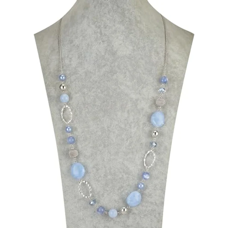 Bulinlin Lange Silber Perlenkette für Damen, Boho Statement Halskette aus Harz- und Metallperlen, 35+3 Zoll, Light Blue – Bild 3