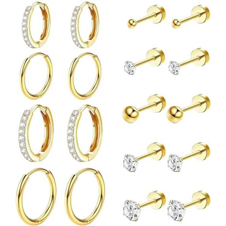 MeoZynxadril 9 Paar Edelstahl Ohrstecker Set, Runde Gold Ohrringe mit flacher Rückseite, für Damen und Herren, ideal als Geschenk für Knorpel Creolen
