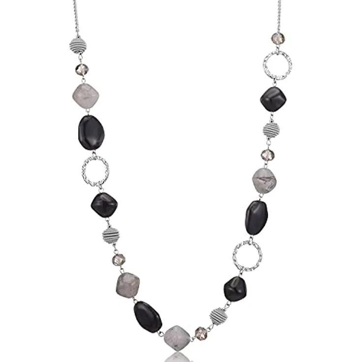Bulinlin Silber Perlenlange Kette für Damen, Boho Statement Chain, 35+3 Zoll, Schwarz und Grau, Modeschmuck für Geburtstagsgeschenke
