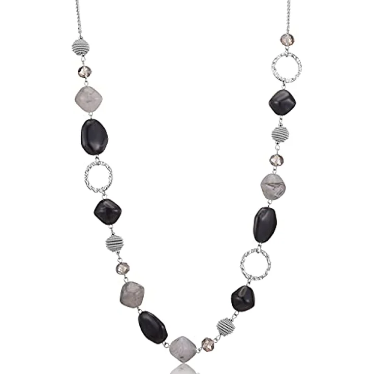 Bulinlin Silber Perlenlange Kette für Damen, Boho Statement Chain, 35+3 Zoll, Schwarz und Grau, Modeschmuck für Geburtstagsgeschenke – Bild 1