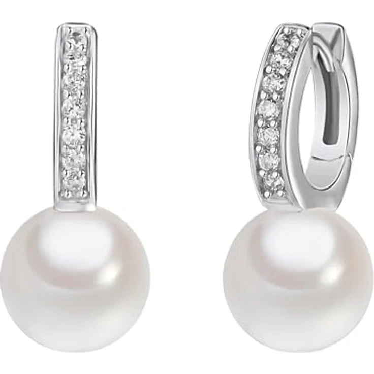 Rafaela Donata Damen-Ohrhänger Klappcreolen aus 925/- Sterling Silber mit weißen Muschelkernperlen (10 mm) und Zirkonia, glamouröser Perlenohrschmuck – Bild 1