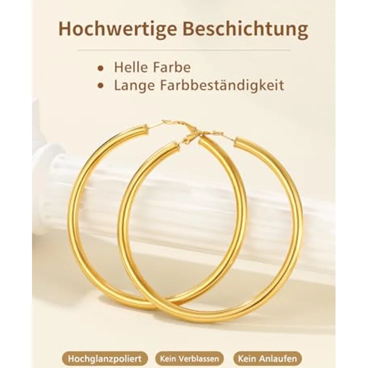 FindChic Creolen Gold 80mm, chunky Damenohrringe aus vergoldetem Edelstahl, Huggie Hoop Design, allergiefrei, für Helix Piercing, ideales Geschenk für Geburtstag und Weihnachten – Bild 3