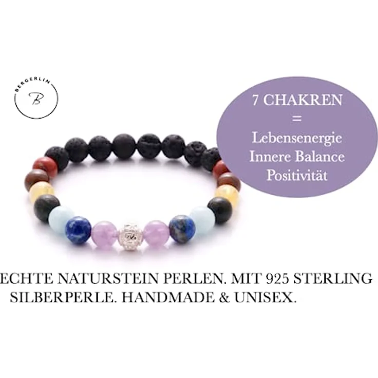 BERGERLIN 7 Chakren Armband, echtes Naturstein Armband mit 8mm Lavastein und 925 Silberperle, Größe M-L – Bild 3