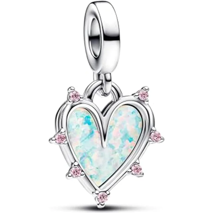 PANDORA Moments Schillernder doppelter Freundschafts-Charm-Anhänger aus Sterling Silber mit rosafarbenem künstlichem Opal, eingravierte Botschaft, kompatibel mit ME und Moments Armbändern, 793434C01