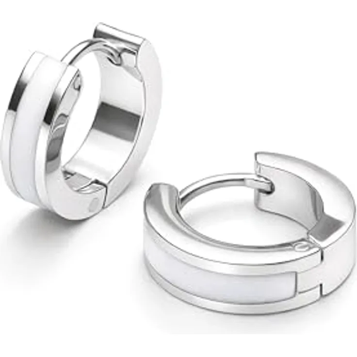 THIORA Creolen Ohrringe Damen, Edelstahl mit weißem Emaille-Detail, 13 mm, wasserfest und nickelfrei