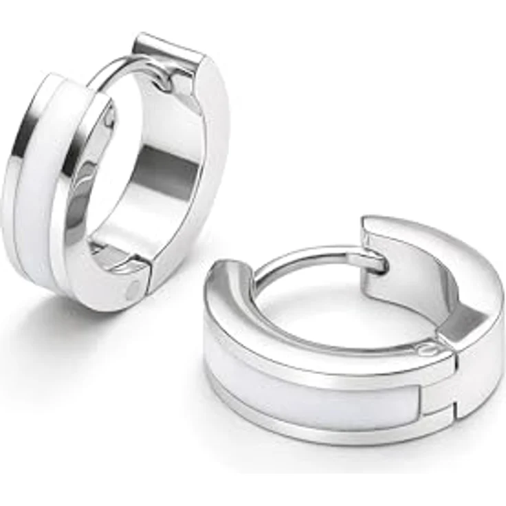 THIORA Creolen Ohrringe Damen, Edelstahl mit weißem Emaille-Detail, 13 mm, wasserfest und nickelfrei – Bild 1