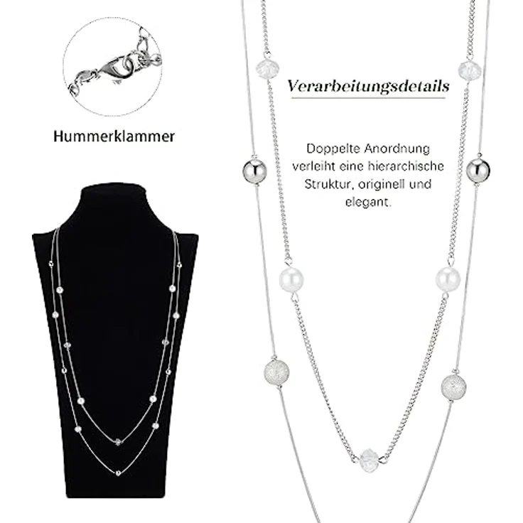 FULU AUTUMN Damen Statement Kette Lange Perlenkette Silber, zwei Strang Modeschmuck Halskette, anpassbare Längen, Geburtstagsgeschenk (16-White) – Bild 5