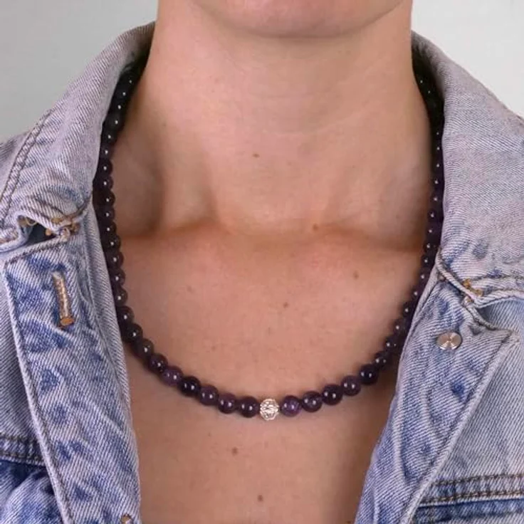 BERGERLIN Amethyst Halskette echt, Perlenkette mit 925 Sterling Silberperle, Größe M-L, handmade und unisex, inkl. Aufbewahrungssäckchen – Bild 5